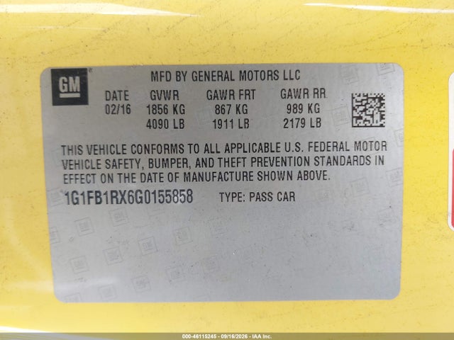 Продаж на аукціоні авто 2016 Chevrolet Camaro 1lt, vin: 1G1FB1RX6G0155858, номер лоту: 46115245
