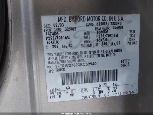 Aukcja sprzedaży 2003 Ford F-150 Lariat/xlt, vin: 1FTRW07623KC59940, numer aukcji: 46115246