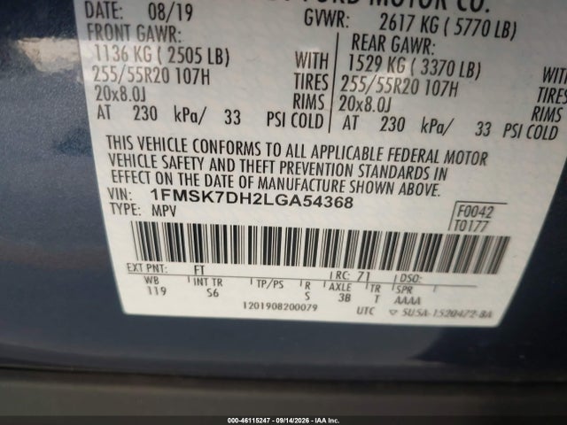 2020 Ford Explorer Xlt მანქანა იყიდება აუქციონზე, vin: 1FMSK7DH2LGA54368, აუქციონის ნომერი: 46115247