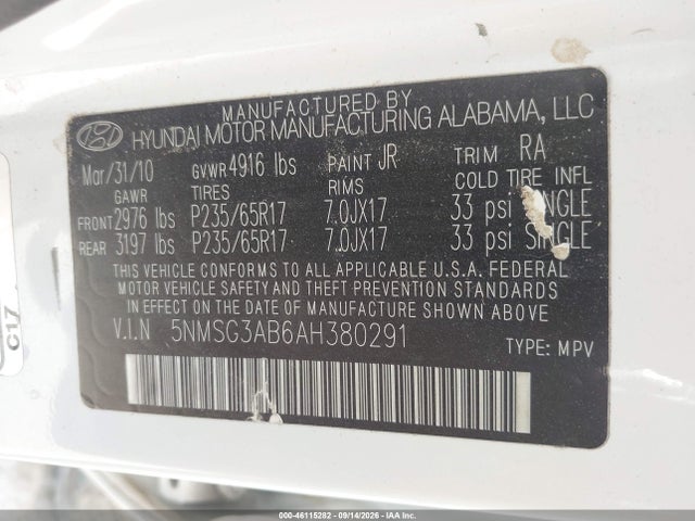 Продаж на аукціоні авто 2010 Hyundai Santa Fe Gls, vin: 5NMSG3AB6AH380291, номер лоту: 46115282