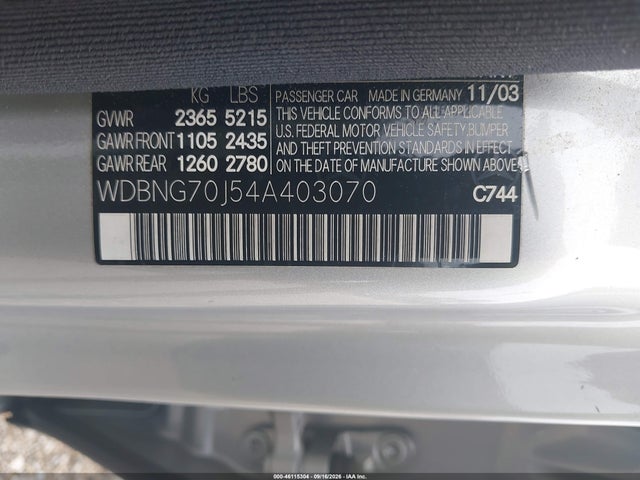 2004 Mercedes-benz S 430 მანქანა იყიდება აუქციონზე, vin: WDBNG70J54A403070, აუქციონის ნომერი: 46115304