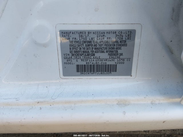 46115317 :رقم المزاد ، 3N1CN7AP7JL801339 vin ، 2018 Nissan Versa 1.6 Sv مزاد بيع