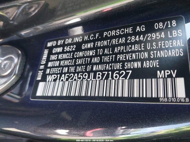 2018 Porsche Macan Turbo მანქანა იყიდება აუქციონზე, vin: WP1AF2A59JLB71627, აუქციონის ნომერი: 46115318