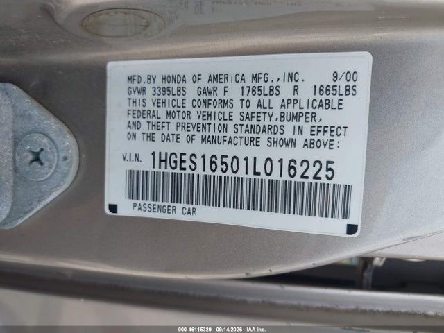 2001 Honda Civic Lx მანქანა იყიდება აუქციონზე, vin: 1HGES16501L016225, აუქციონის ნომერი: 46115329
