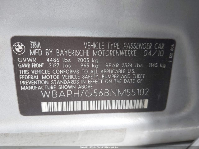 46115330 :رقم المزاد ، WBAPH7G56BNM55102 vin ، 2011 Bmw 328i مزاد بيع