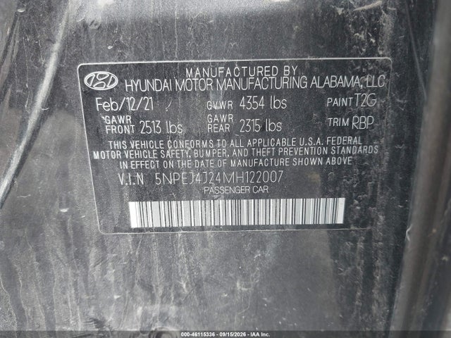 Aukcja sprzedaży 2021 Hyundai Sonata Sel Plus, vin: 5NPEJ4J24MH122007, numer aukcji: 46115336