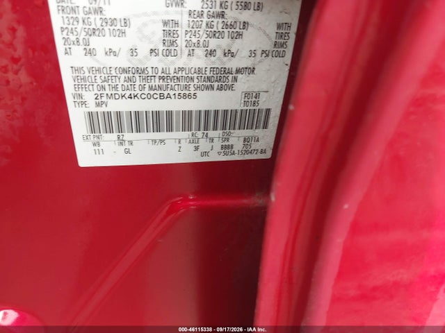 46115338 :رقم المزاد ، 2FMDK4KC0CBA15865 vin ، 2012 Ford Edge Limited مزاد بيع