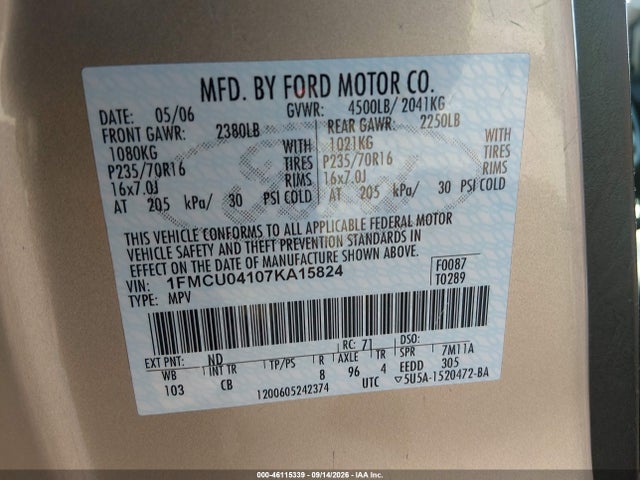 Продажа на аукционе авто 2007 Ford Escape Limited, vin: 1FMCU04107KA15824, номер лота: 46115339