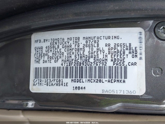 Aukcja sprzedaży 2003 Toyota Avalon Xl, vin: 4T1BF28B93U276792, numer aukcji: 46115340