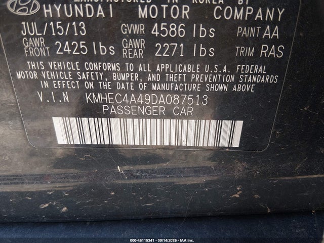 2013 Hyundai Sonata Hybrid Limited მანქანა იყიდება აუქციონზე, vin: KMHEC4A49DA087513, აუქციონის ნომერი: 46115341