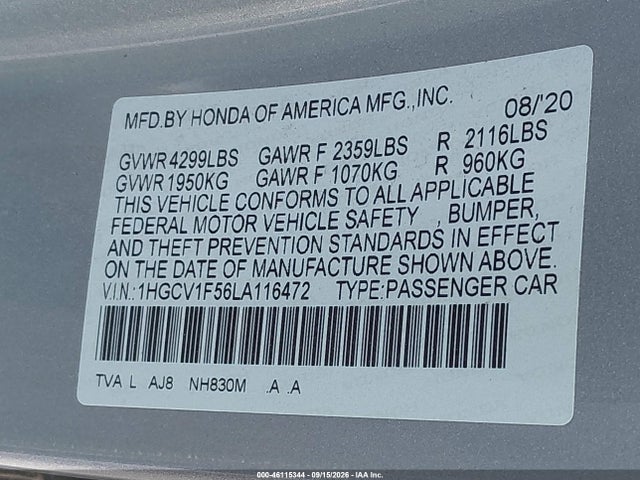 46115344 :رقم المزاد ، 1HGCV1F56LA116472 vin ، 2020 Honda Accord Ex-l مزاد بيع