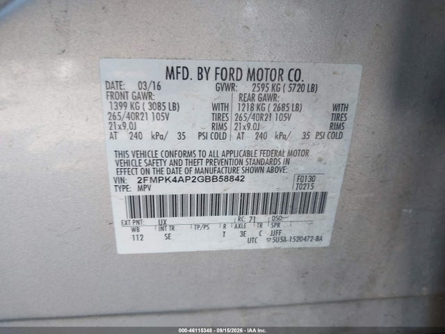 46115348 :رقم المزاد ، 2FMPK4AP2GBB58842 vin ، 2016 Ford Edge Sport مزاد بيع