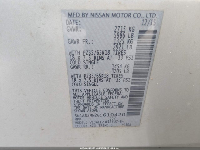 Продаж на аукціоні авто 2016 Nissan Pathfinder Platinum/s/sl/sv, vin: 5N1AR2MN2GC610420, номер лоту: 46115350