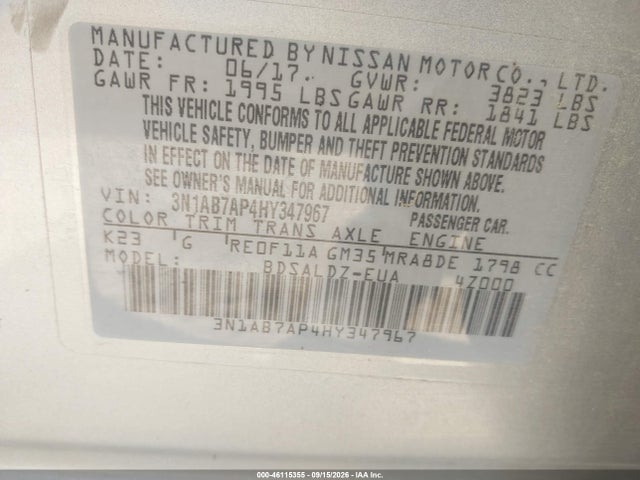 46115355 :رقم المزاد ، 3N1AB7AP4HY347967 vin ، 2017 Nissan Sentra Sv مزاد بيع