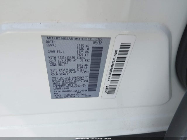 Aukcja sprzedaży 2013 Infiniti Jx35, vin: 5N1AL0MM8DC323799, numer aukcji: 46115358