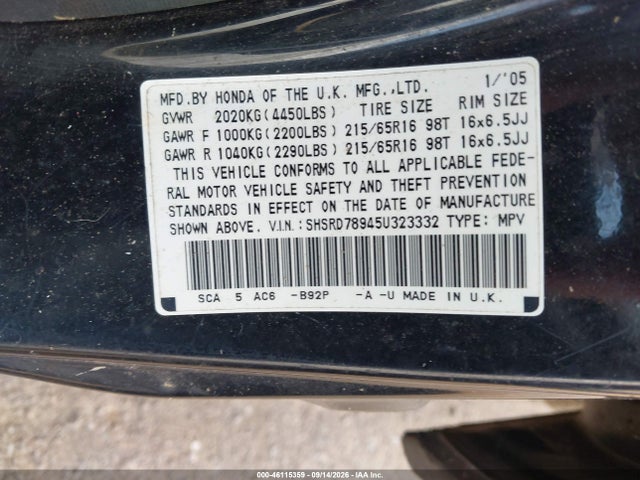 Продажа на аукционе авто 2005 Honda Cr-v Se, vin: SHSRD78945U323332, номер лота: 46115359