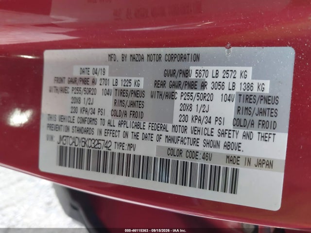 2019 Mazda Cx-9 Grand Touring მანქანა იყიდება აუქციონზე, vin: JM3TCADY6K0325742, აუქციონის ნომერი: 46115363