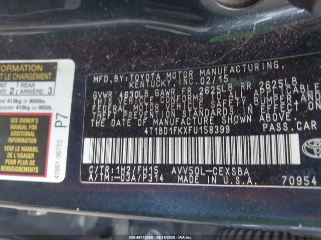 Aukcja sprzedaży 2015 Toyota Camry Hybrid Se, vin: 4T1BD1FKXFU158399, numer aukcji: 46115369