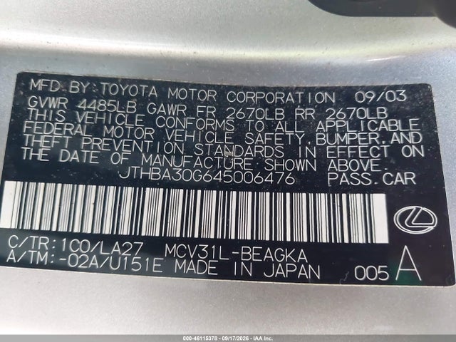 Продажа на аукционе авто 2004 Lexus Es 330, vin: JTHBA30G645006476, номер лота: 46115378