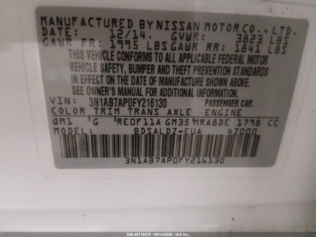 Продажа на аукционе авто 2015 Nissan Sentra Sv, vin: 3N1AB7AP0FY216130, номер лота: 46115379