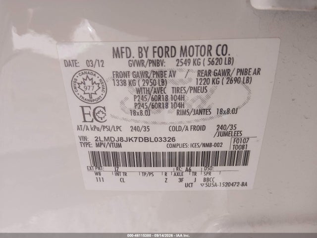 46115380 :رقم المزاد ، 2LMDJ8JK7DBL03326 vin ، 2013 Lincoln Mkx مزاد بيع