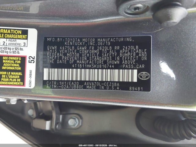 Toyota CAMRY SE 2019 4T1B11HK5KU816744 Image 9
