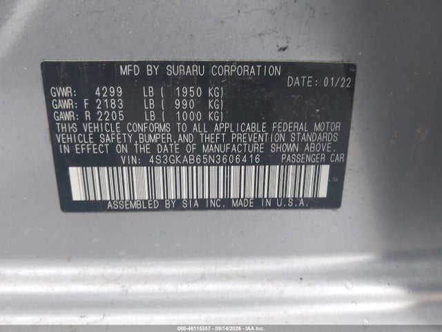46115387 :رقم المزاد ، 4S3GKAB65N3606416 vin ، 2022 Subaru Impreza Base مزاد بيع