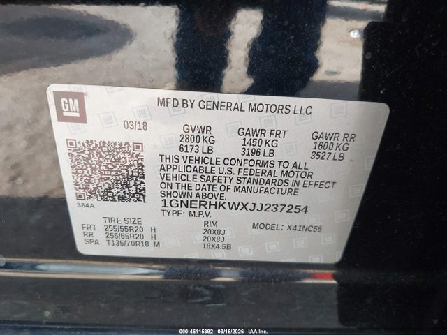 46115392 :رقم المزاد ، 1GNERHKWXJJ237254 vin ، 2018 Chevrolet Traverse 3lt مزاد بيع