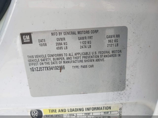 2009 Chevrolet Malibu Lt მანქანა იყიდება აუქციონზე, vin: 1G1ZJ577X94192966, აუქციონის ნომერი: 46115396