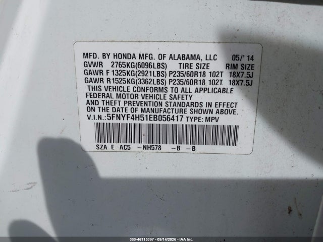 46115397 :رقم المزاد ، 5FNYF4H51EB056417 vin ، 2014 Honda Pilot Ex-l مزاد بيع