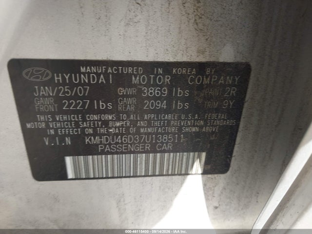 Aukcja sprzedaży 2007 Hyundai Elantra Gls/limited/se, vin: KMHDU46D37U138511, numer aukcji: 46115400