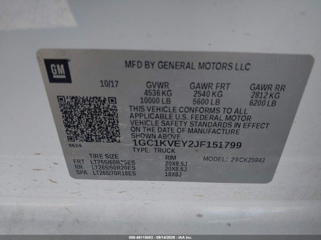 Aukcja sprzedaży 2018 Chevrolet Silverado 2500hd Lt, vin: 1GC1KVEY2JF151799, numer aukcji: 46115403