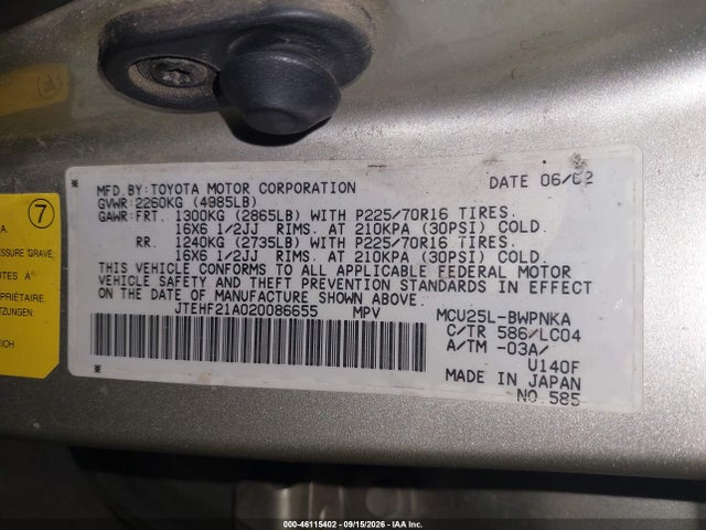 2002 Toyota Highlander Limited V6 მანქანა იყიდება აუქციონზე, vin: JTEHF21A020086655, აუქციონის ნომერი: 46115402
