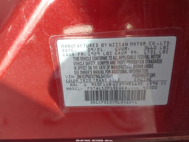 Продаж на аукціоні авто 2021 Nissan Kicks Sv Xtronic Cvt, vin: 3N1CP5CV7ML541541, номер лоту: 46115435
