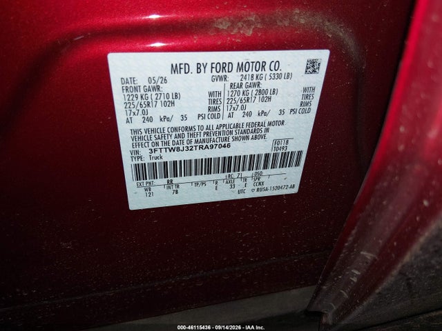 46115436 :رقم المزاد ، 3FTTW8J32TRA97046 vin ، 2026 Ford Maverick Xlt مزاد بيع