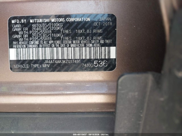 46115437 :رقم المزاد ، JA4AT4AA3KZ017491 vin ، 2019 Mitsubishi Eclipse Cross Le مزاد بيع