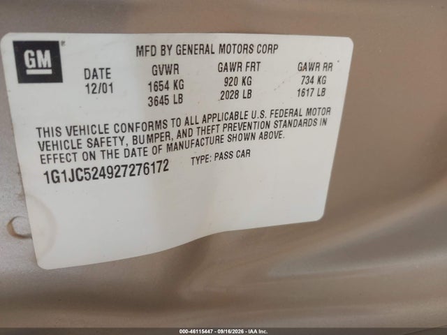 46115447 :رقم المزاد ، 1G1JC524927276172 vin ، 2002 Chevrolet Cavalier مزاد بيع
