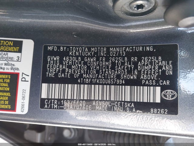 Продажа на аукционе авто 2013 Toyota Camry Se, vin: 4T1BF1FK0DU657994, номер лота: 46115450