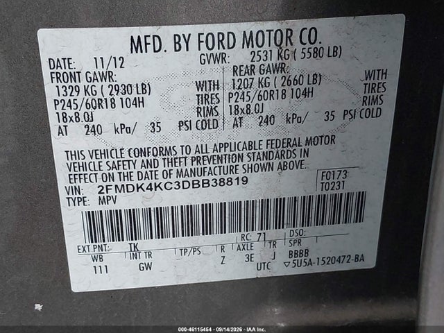 Продажа на аукционе авто 2013 Ford Edge Limited, vin: 2FMDK4KC3DBB38819, номер лота: 46115454