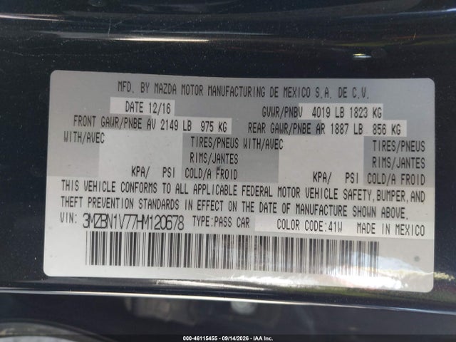 2017 Mazda Mazda3 Touring მანქანა იყიდება აუქციონზე, vin: 3MZBN1V77HM120678, აუქციონის ნომერი: 46115455