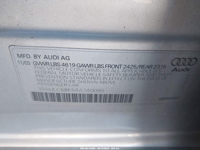 46115460 :رقم المزاد ، WAULC68E54A140095 vin ، 2004 Audi A4 1.8t مزاد بيع