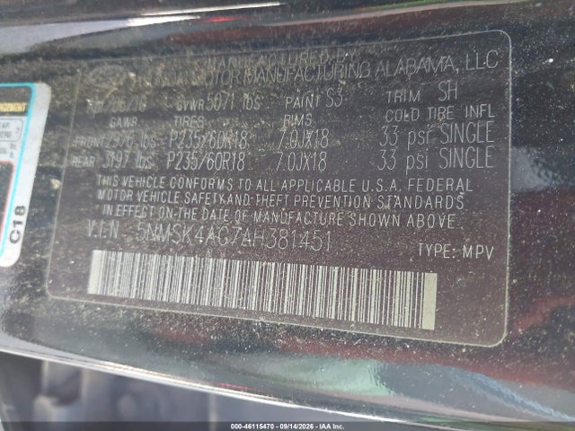 46115470 :رقم المزاد ، 5NMSK4AG7AH381451 vin ، 2010 Hyundai Santa Fe Limited V6 مزاد بيع