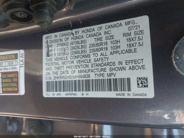 Aukcja sprzedaży 2021 Honda Cr-v Awd Ex-l, vin: 2HKRW2H80MH664836, numer aukcji: 46115472