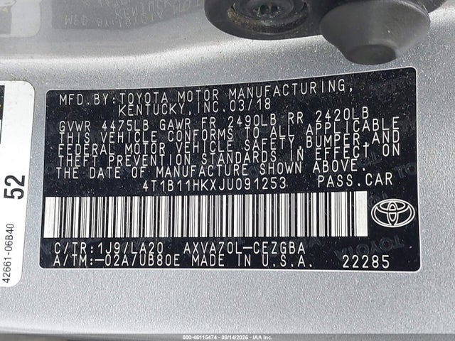2018 Toyota Camry Xle მანქანა იყიდება აუქციონზე, vin: 4T1B11HKXJU091253, აუქციონის ნომერი: 46115474