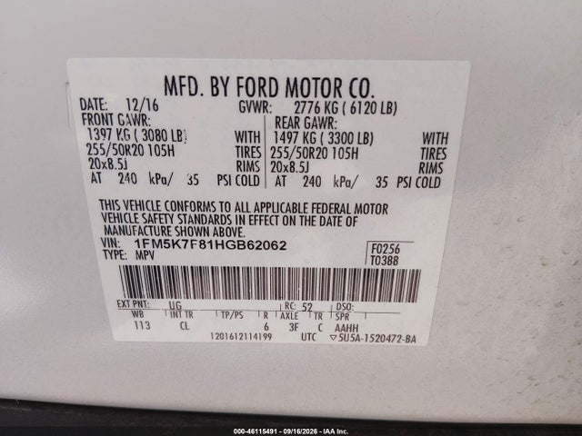 Продажа на аукционе авто 2017 Ford Explorer Limited, vin: 1FM5K7F81HGB62062, номер лота: 46115491