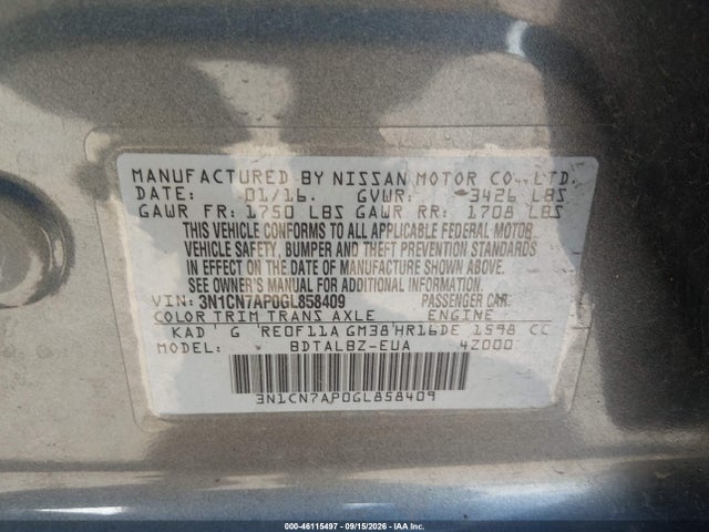 Aukcja sprzedaży 2016 Nissan Versa 1.6 S/1.6 S+/1.6 Sl/1.6 Sv, vin: 3N1CN7AP0GL858409, numer aukcji: 46115497