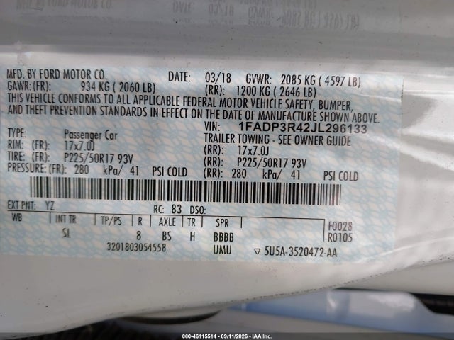 46115514 :رقم المزاد ، 1FADP3R42JL296133 vin ، 2018 Ford Focus Electric مزاد بيع