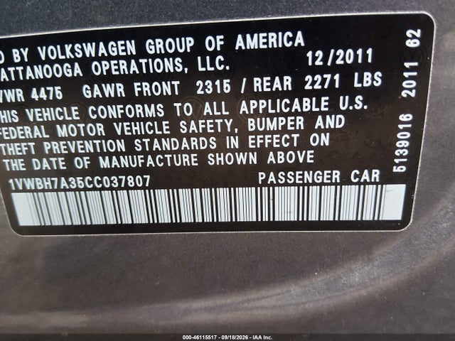 46115517 :رقم المزاد ، 1VWBH7A35CC037807 vin ، 2012 Volkswagen Passat 2.5l Se مزاد بيع