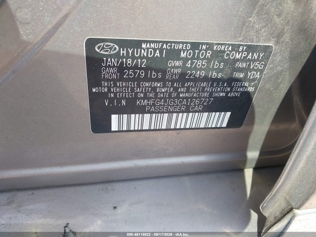 2012 Hyundai Azera მანქანა იყიდება აუქციონზე, vin: KMHFG4JG3CA126727, აუქციონის ნომერი: 46115522