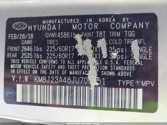 Auction sale of the 2018 Hyundai Tucson Se, vin: KM8J23A48JU700551, lot number: 46115526